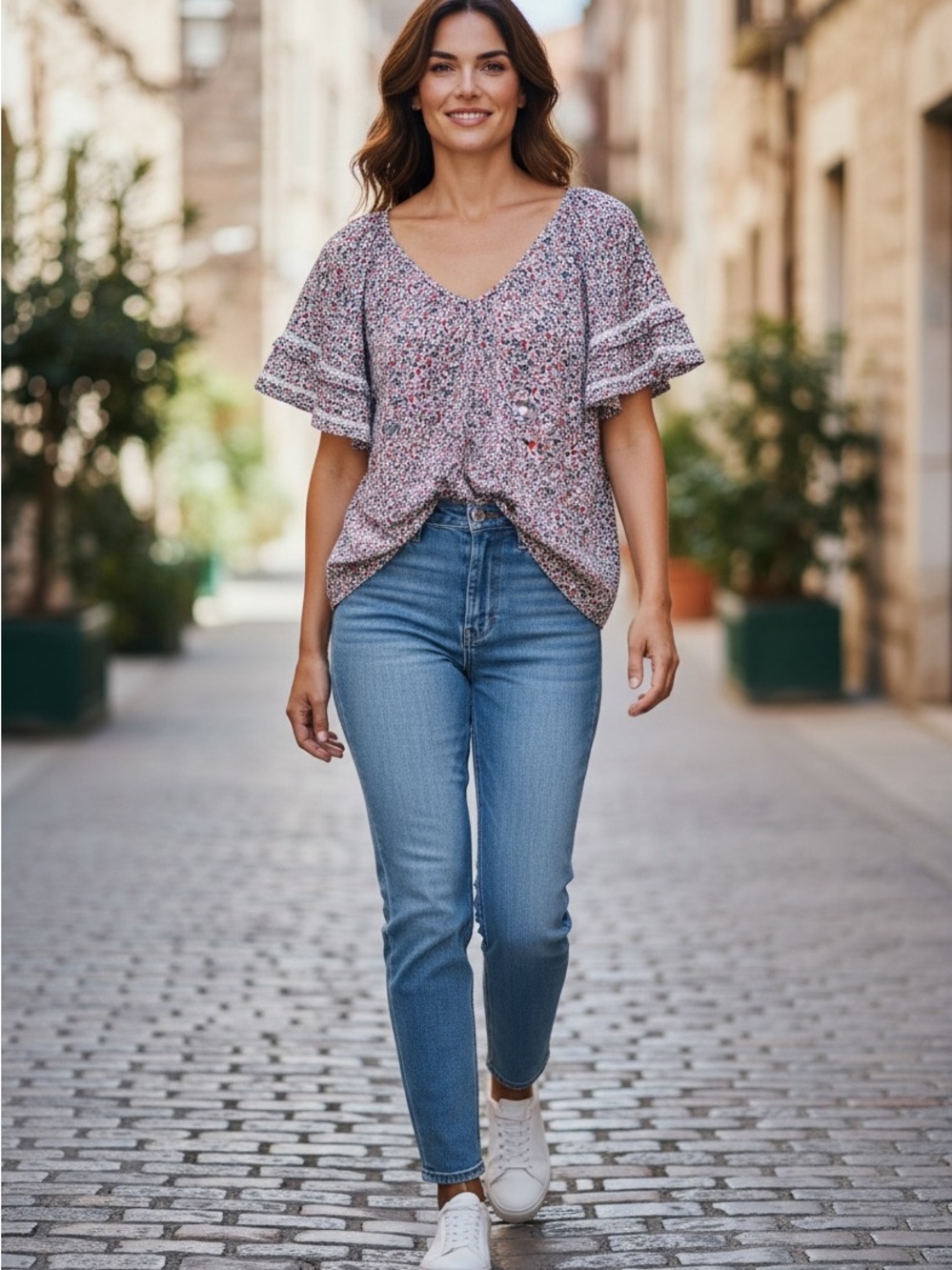 Ann Taylor LOFT Cream Blush and Navy Floral Ruffle Sleeve Blouse